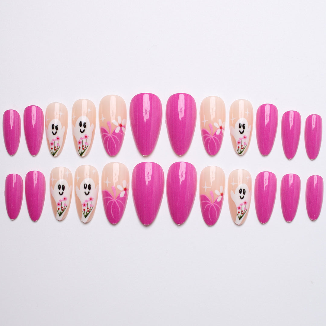 Artificial nail set with charming ghost and flower motifs Bowlift