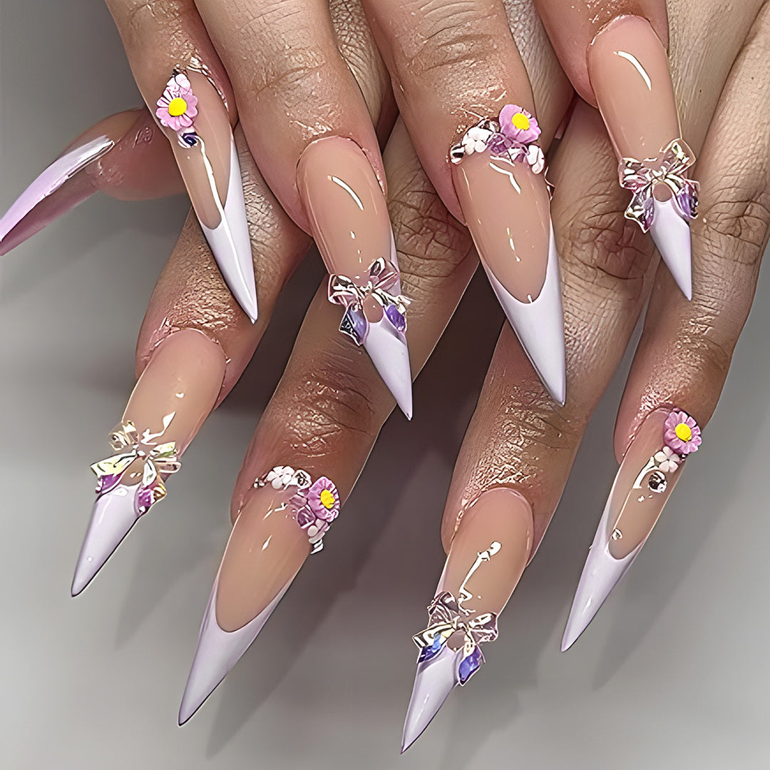Elegant Stiletto Press-On Nails with Floral and Gem Accents Bowlift