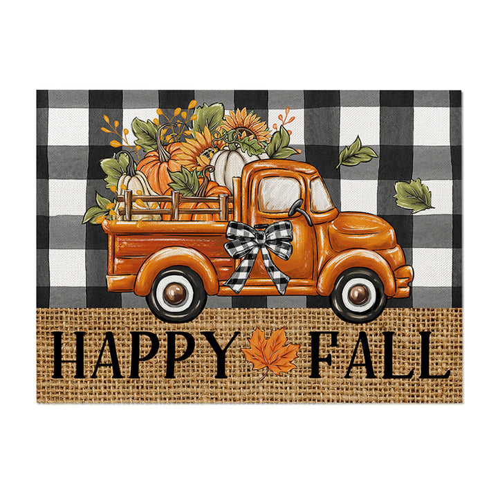Rectangular Linen-Texture Fall Canvas Wall Art Panel with 'Thankful' Script and Pumpkin Illustration