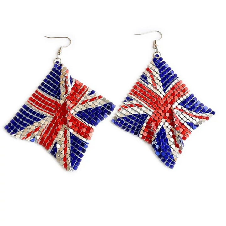 Ladies' long crystal mesh earrings with flag pattern and fishhook clasp Bowlift