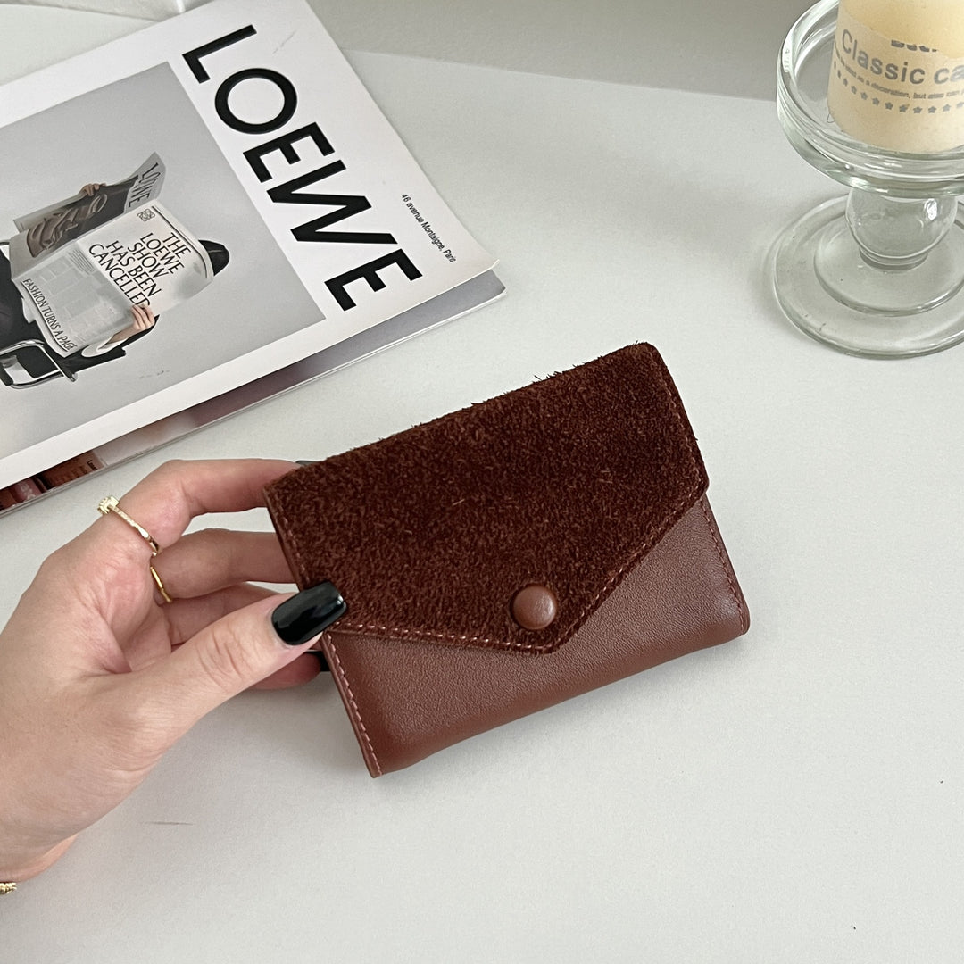 Compact Suede-Trim Leather Card Wallet Bowlift