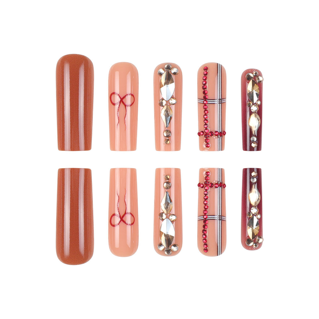 Decorative Long Press-On Nails with Artistic Gem Accents Bowlift