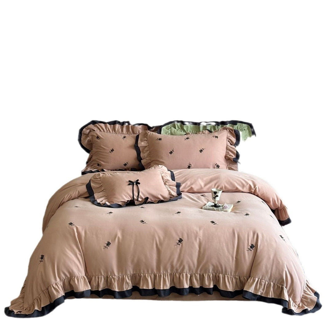 Luxurious Ruffled Bedding Set with Delicate Embroidery