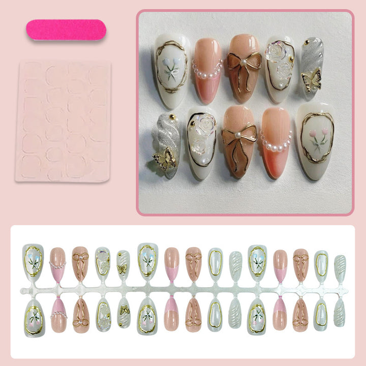 Artificial nail set with romantic flower and gold embellishments Bowlift