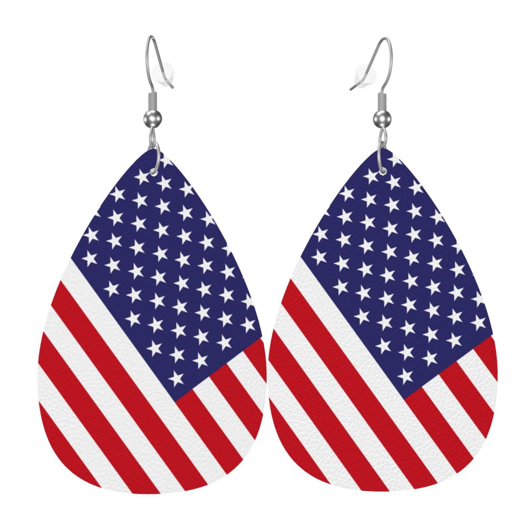 Women heart-shaped drop earrings with patriotic flag print and nickel-free hooks Bowlift