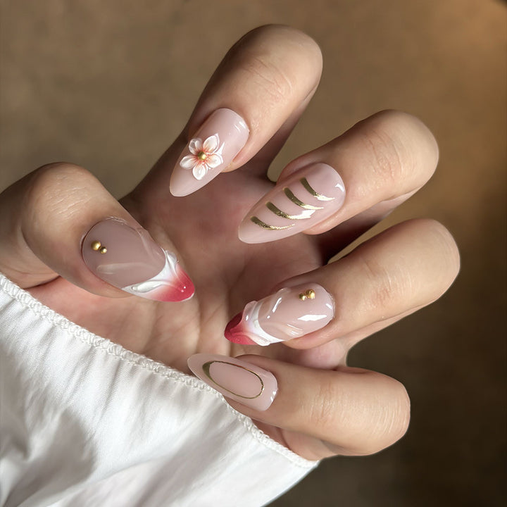 Elegant Floral and Gold Accent Press-On Nail Set Bowlift