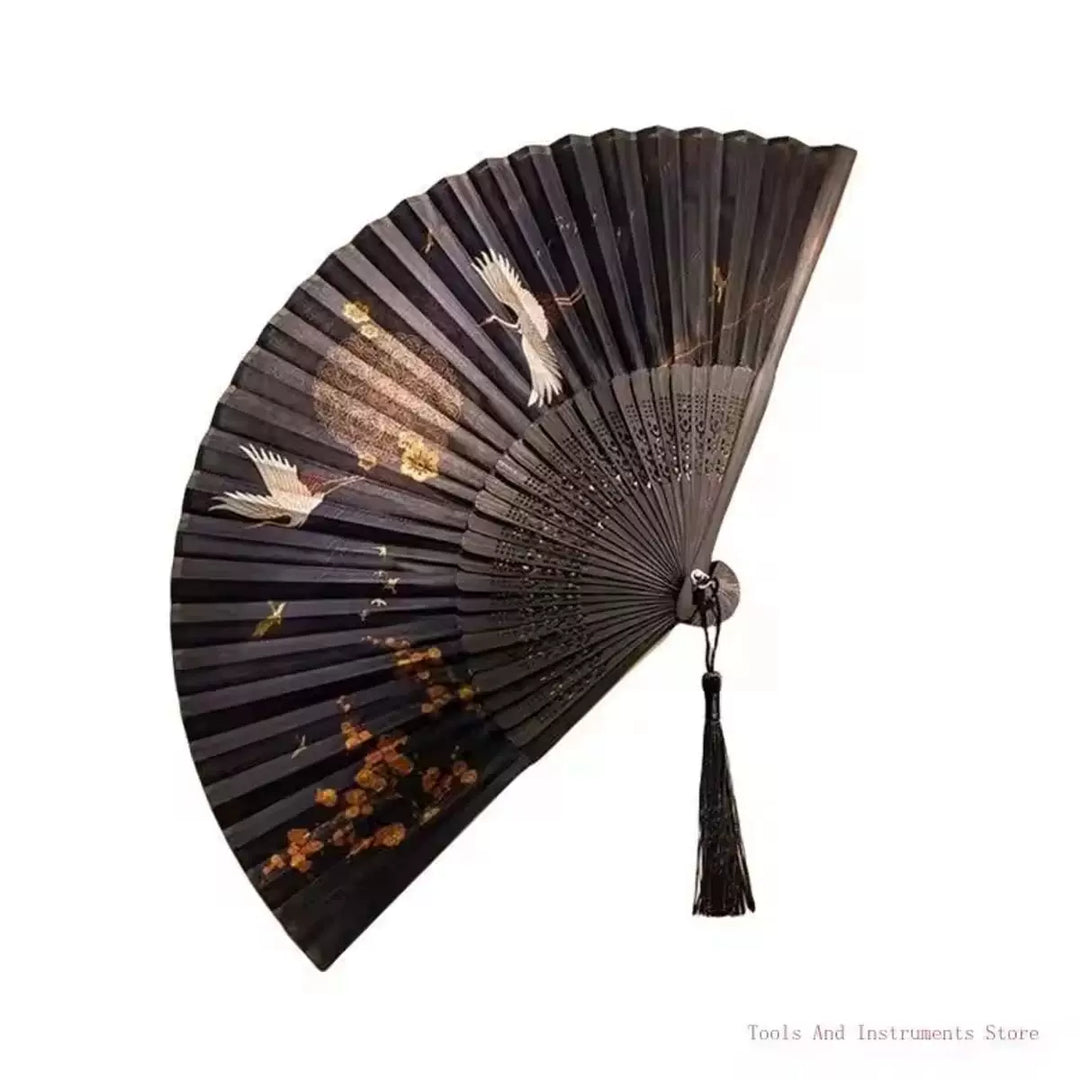 Women One Size hand-painted crane and plum blossom fan with carved wood ribs and silk tassel Bowlift