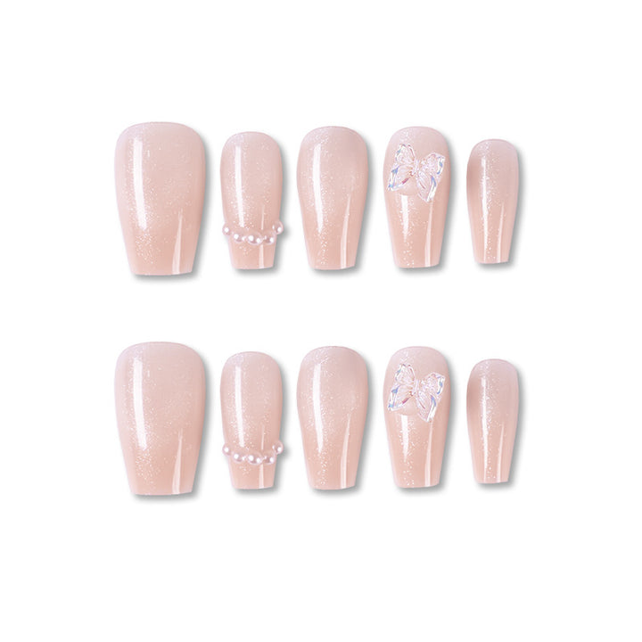 Artificial nails with elegant butterfly accents and glittering coating Bowlift