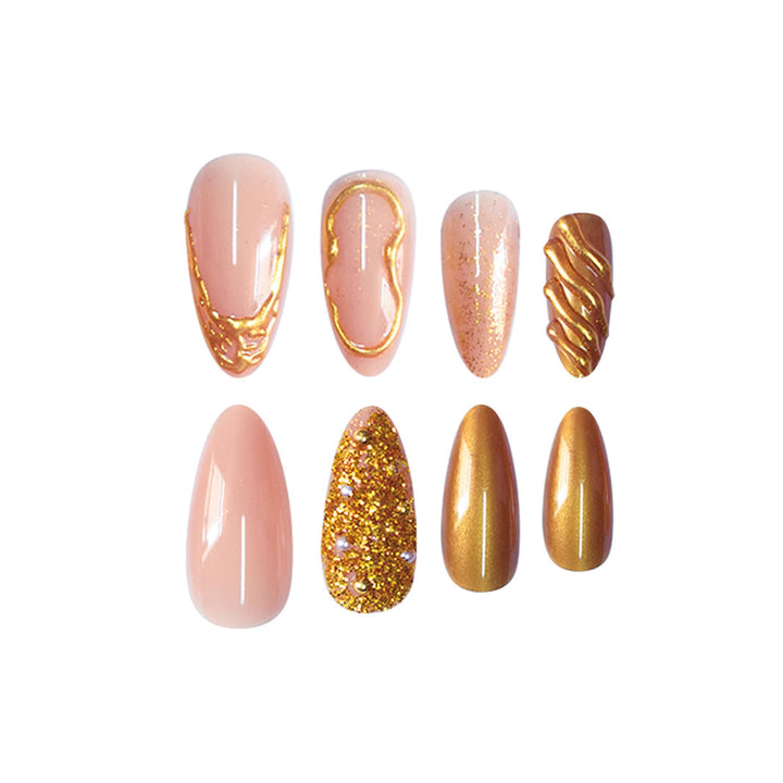 Elegant Gold-Decorated Press-On Nail Set Bowlift