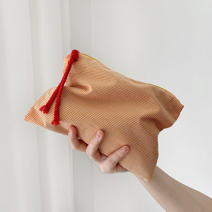 Checked Cotton Zip Pouch with Tassel Accent Bowlift