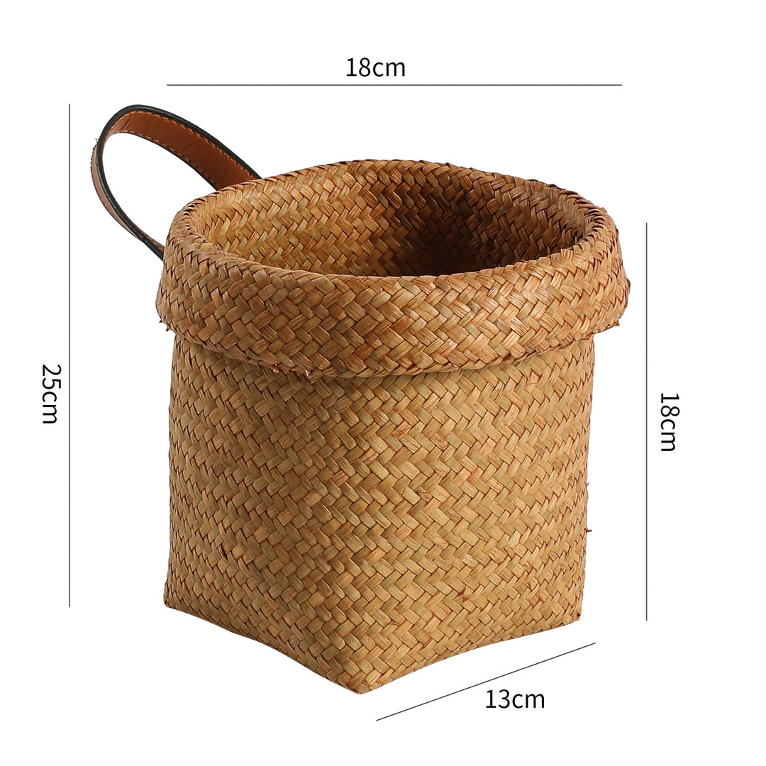 Handwoven Natural Storage Bin with Leather Trim Bowlift
