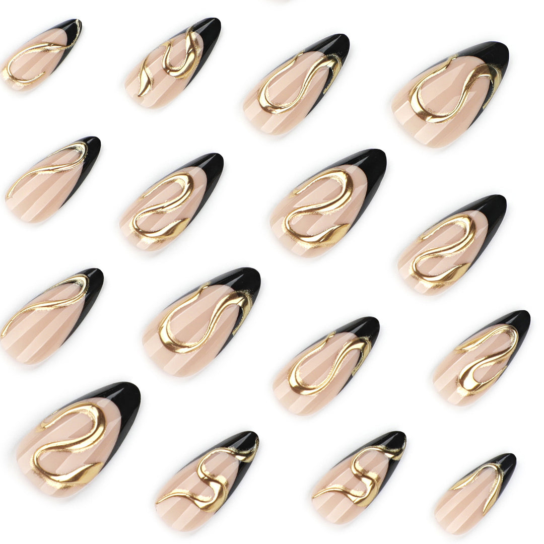 Artful stiletto nails with elegant gold design Bowlift