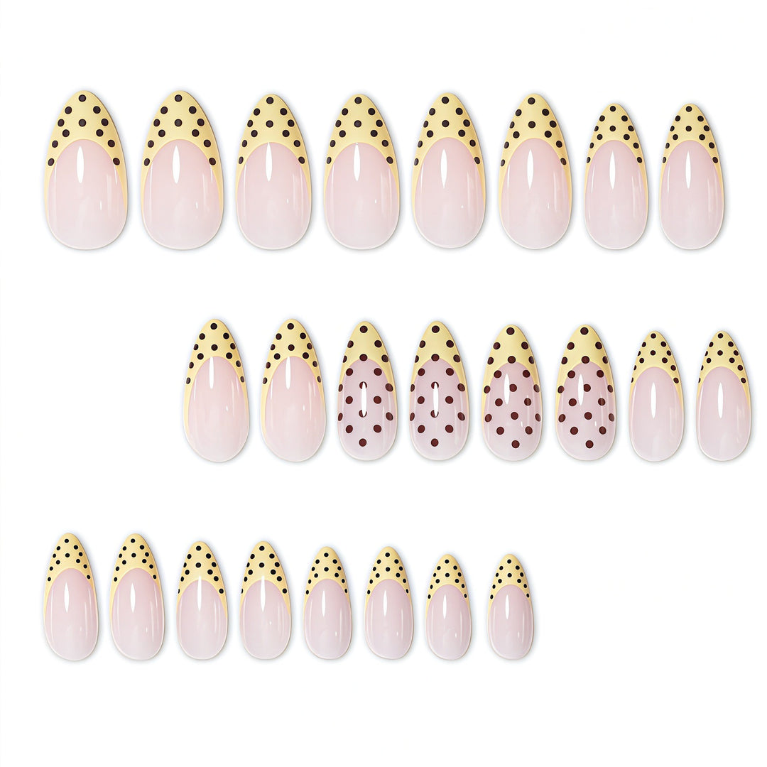 Elegant French Tip Nail Enhancements with Polka Dot Design Bowlift
