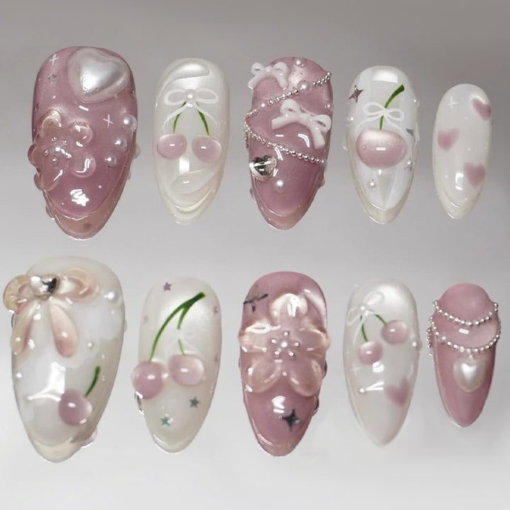 Premium Decorative Press-On Nail Art Set with Floral and Gem Accents Bowlift