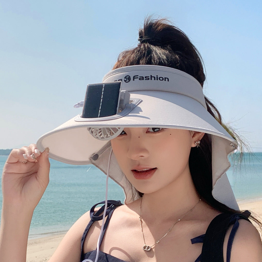 Visor with removable solar clip fan and UV protection neck strap Bowlift
