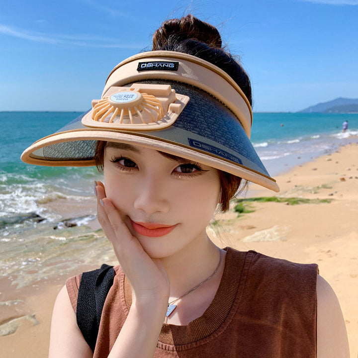 Breathable sun visor for with integrated, quietly running fan and adjustable headband Bowlift