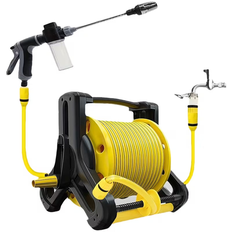 heavy-duty retractable garden hose reel system with pistol spray gun and faucet connector Bowlift