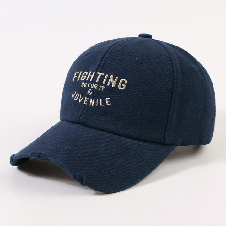 Women's Distressed Cotton Cap with Motivational Embroidery Bowlift