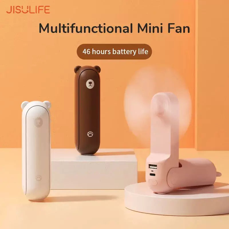 Unisex One Size foldable rechargeable triple handheld mini fan with integrated power bank USB-C and USB-A connections as well as wrist strap Bowlift