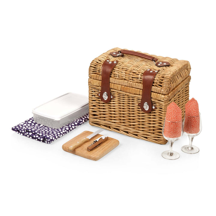 Ladies picnic basket with stylish glasses and wooden boards Bowlift