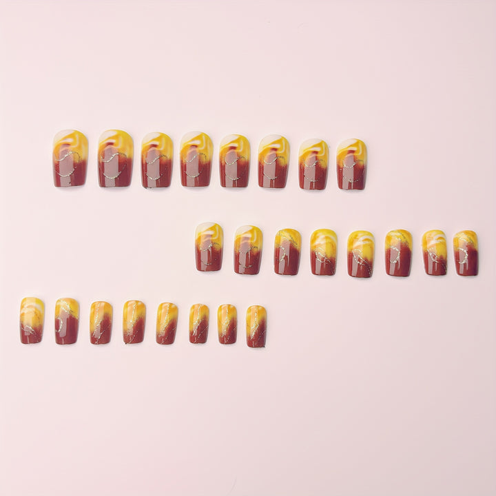 Artificial Nail Set with Marbled Design and Gold Accents Bowlift
