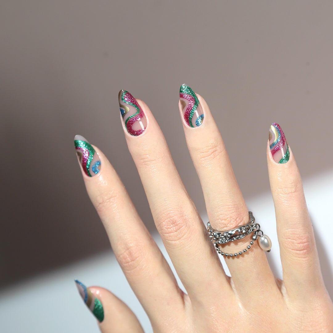 Artistic Glitter Decorated Stiletto Nails Bowlift