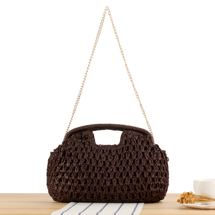 Beach Shoulder Bag Made of Natural Weave with Elegant Chain Decoration Bowlift