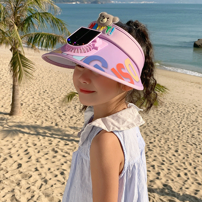 Adjustable children sun visor with integrated mini fan and extra wide brim Bowlift