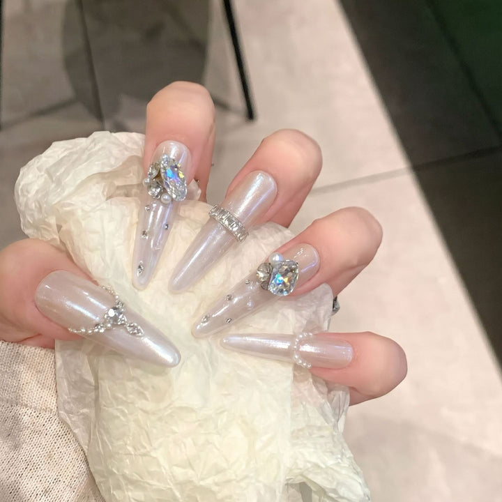 Decorative Stiletto Nail Tips Set with Gemstone Accents Bowlift