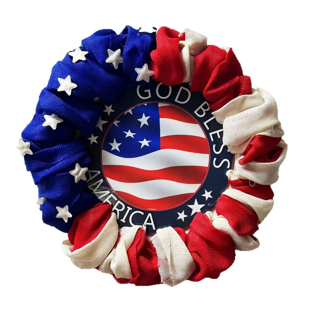 Unisex nan patriotic burlap ruffle wreath with printed God Bless America medallion Bowlift