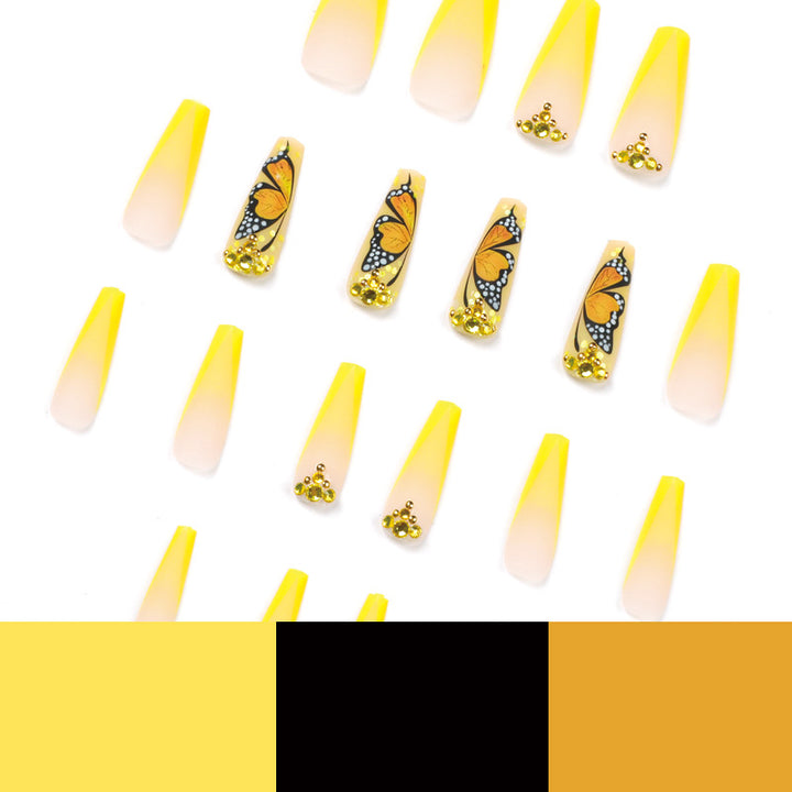 Artful Gel Nails with Butterfly Design and Glitter Bowlift