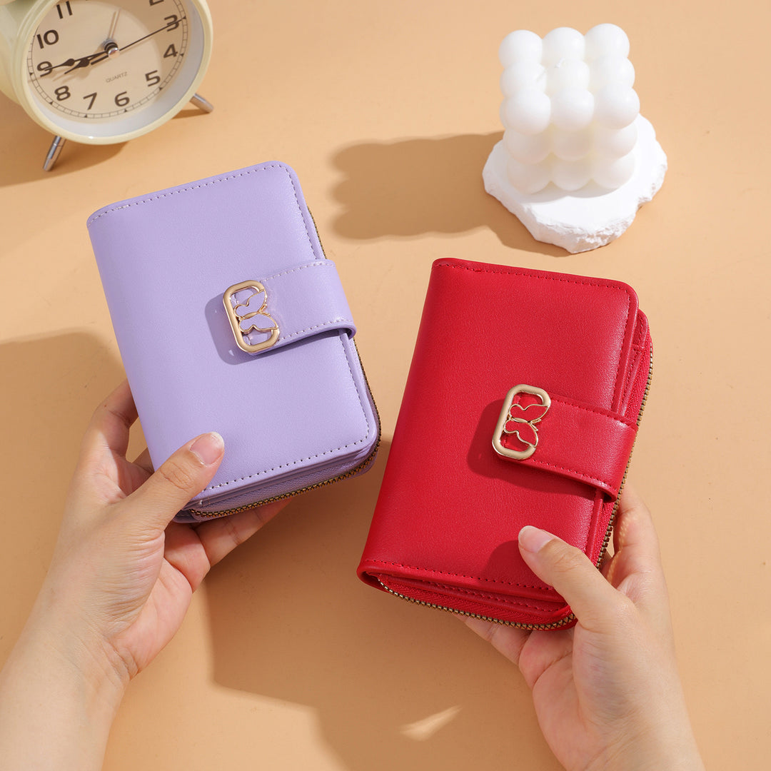 Compact Zip-Around Faux Leather Long Wallet with Butterfly Clasp Bowlift
