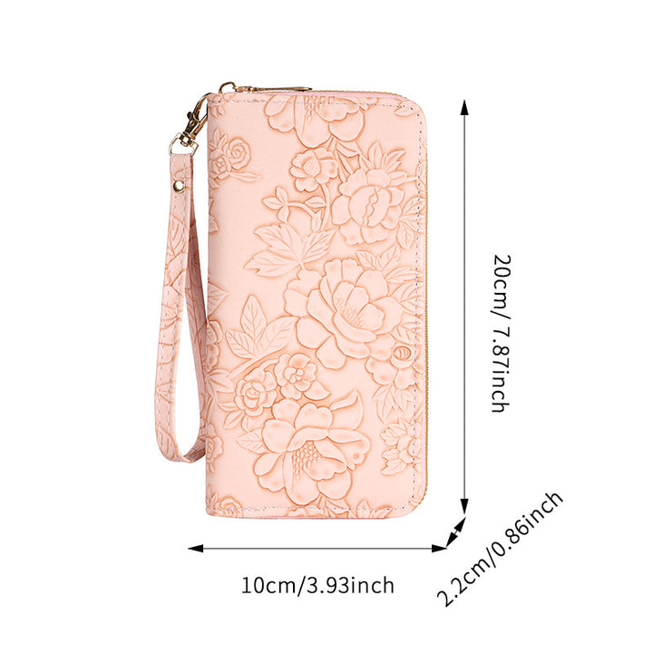 Embossed Floral Zip-Around Wristlet Wallet with Detachable Strap Bowlift