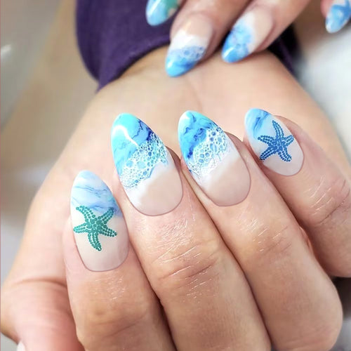 Artistic Press-On Nail Set with Ocean-Inspired Design Bowlift