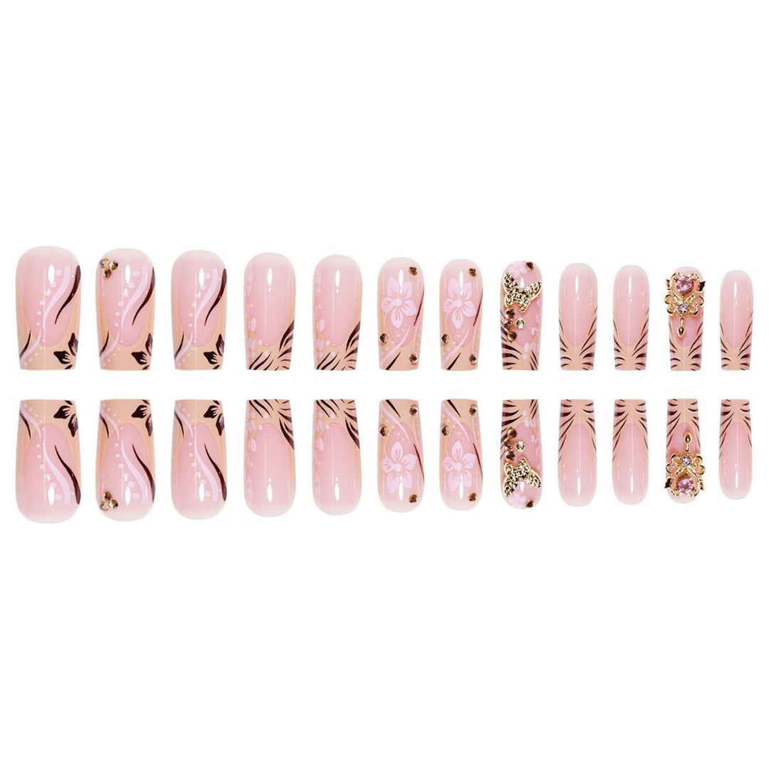 Artistic Press-On Nails with Floral and Gemstone Accents Bowlift