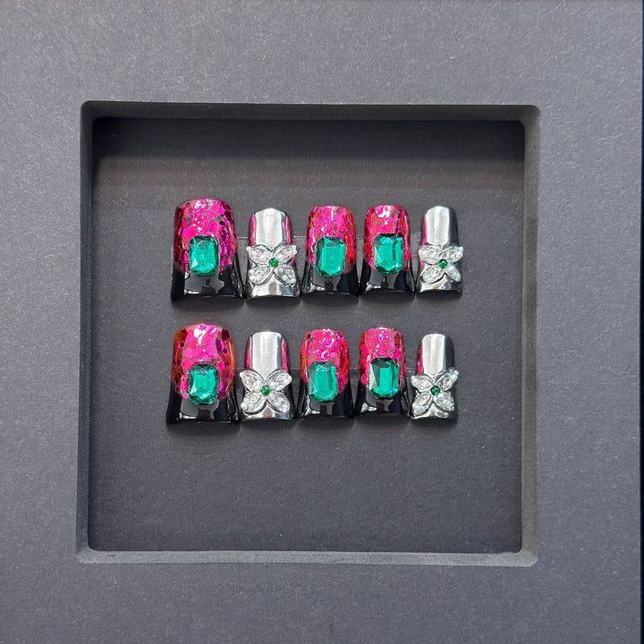 Glamorous Press-On Nail Design with Jewel Accents Bowlift