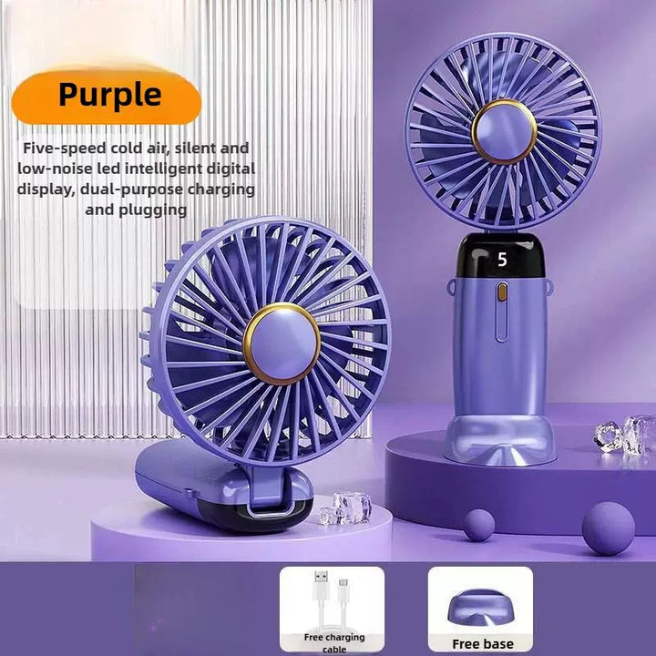 Unisex one size foldable rechargeable handheld fan with multiple speed LED display removable charging base Bowlift