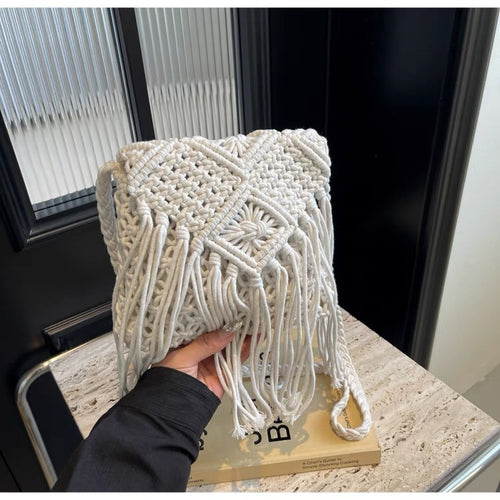 Macrame shoulder bag with fringed accents Bowlift