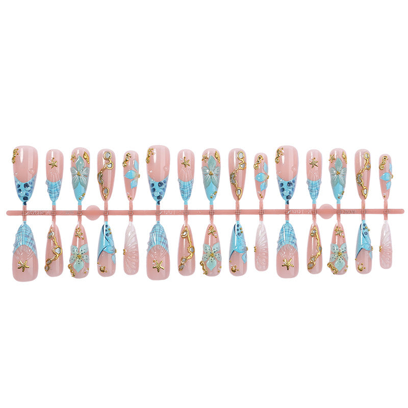 Premium Artistic Press-On Nail Set with Decorative Ocean-Inspired Designs Bowlift