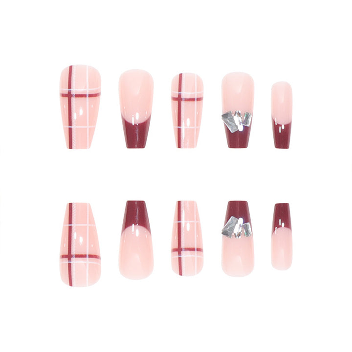 Decorative Press-On Nails with Rhinestone and Geometric Design Bowlift