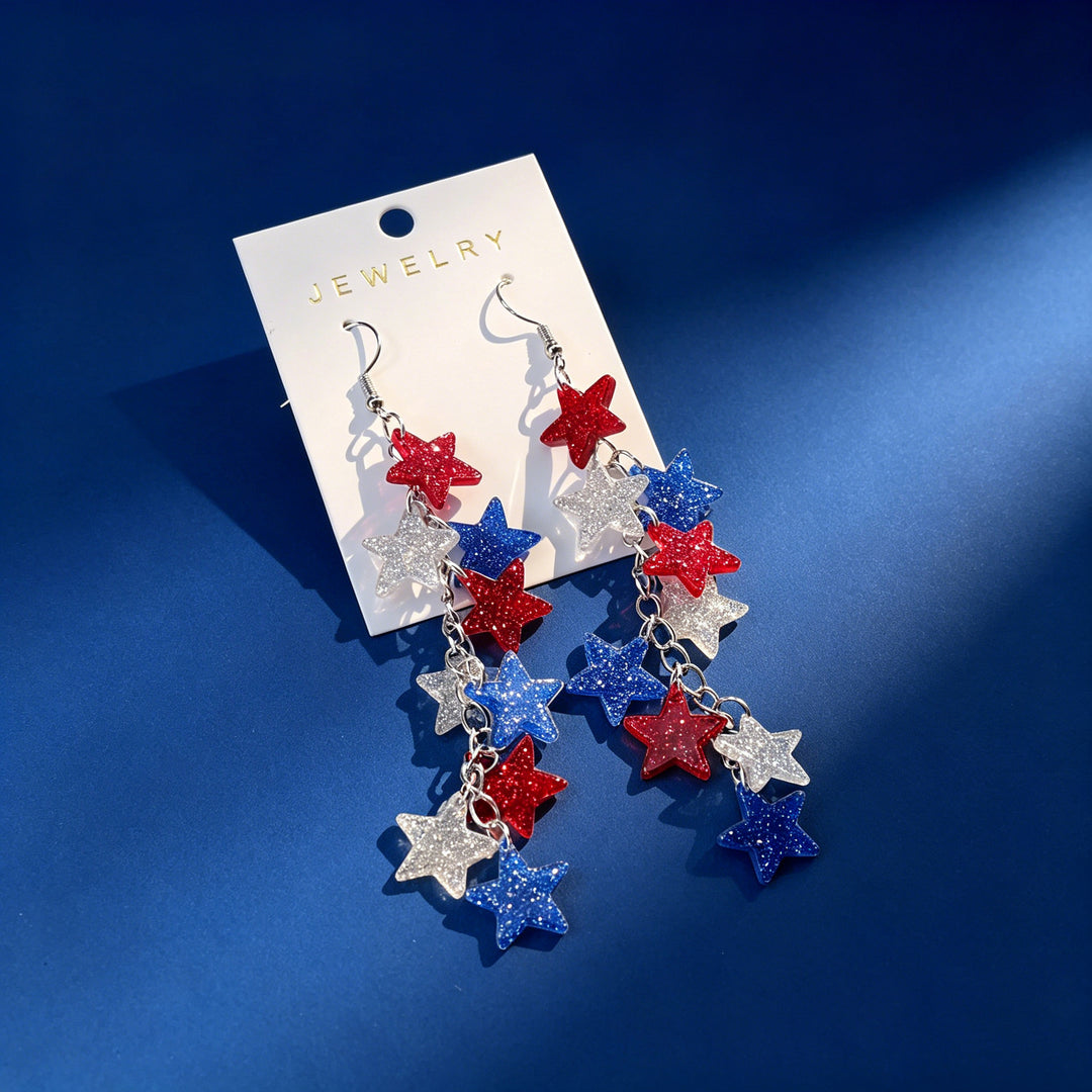 Women's long statement earrings with multi-layered star pendants and fishhook clasp Bowlift