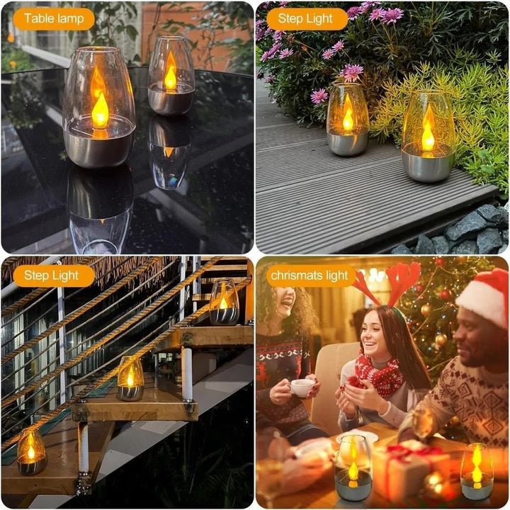 LED Flameless Glass Votive Lantern Pair With Realistic Flicker Flame And Metal Base Bowlift