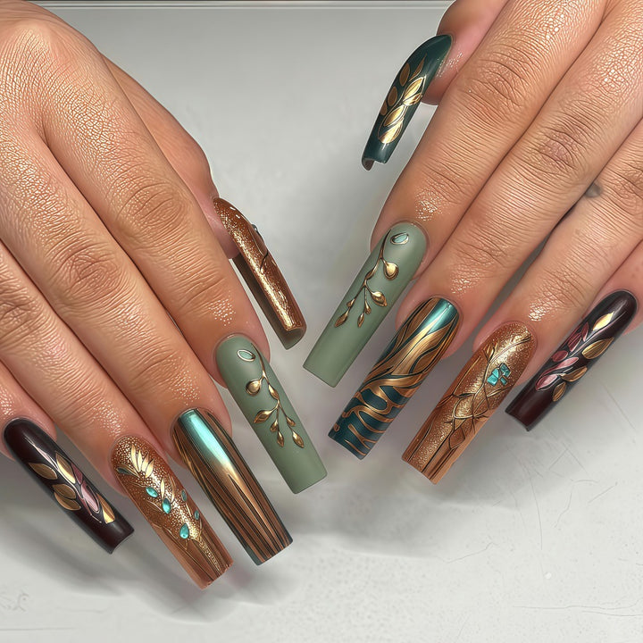Creative artificial nails with elegant leaf design Bowlift
