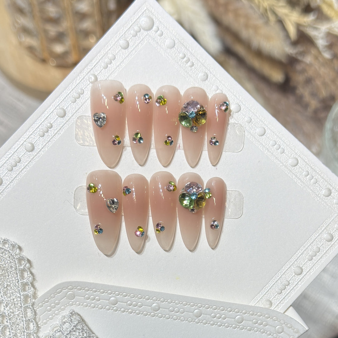 Glamorous Stiletto Press-On Nail Set with Colorful Gem Accents Bowlift