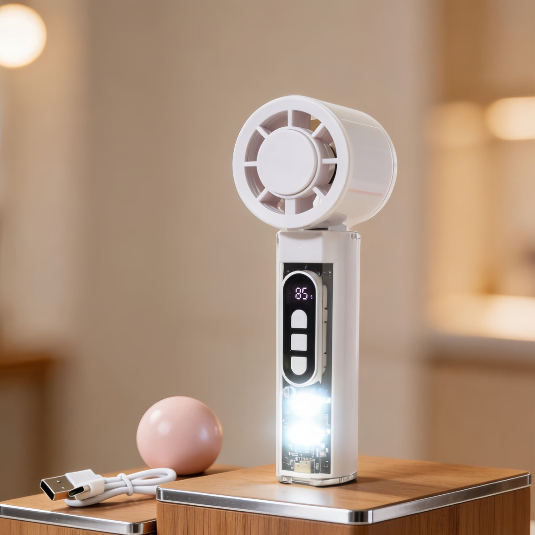Women Portable Hand Fan with Temperature Display and LED Lighting Bowlift