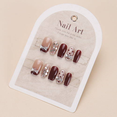 Decorative Press-On Nail Set with Bow and Glitter Bowlift