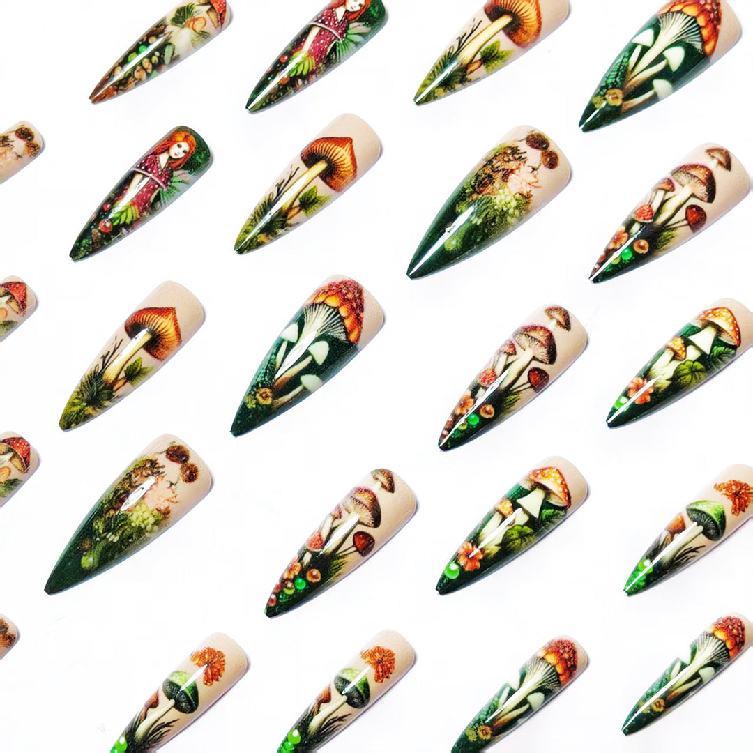 Creative artificial nails with playful fairy and mushroom design Bowlift