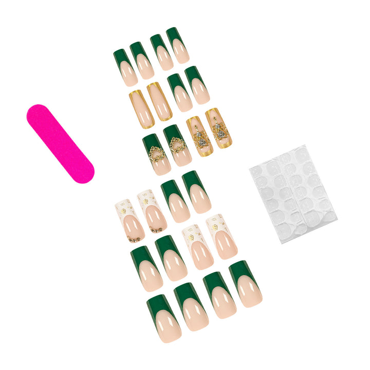 Exquisite artificial nails with gold embellishments and glitter accents Bowlift