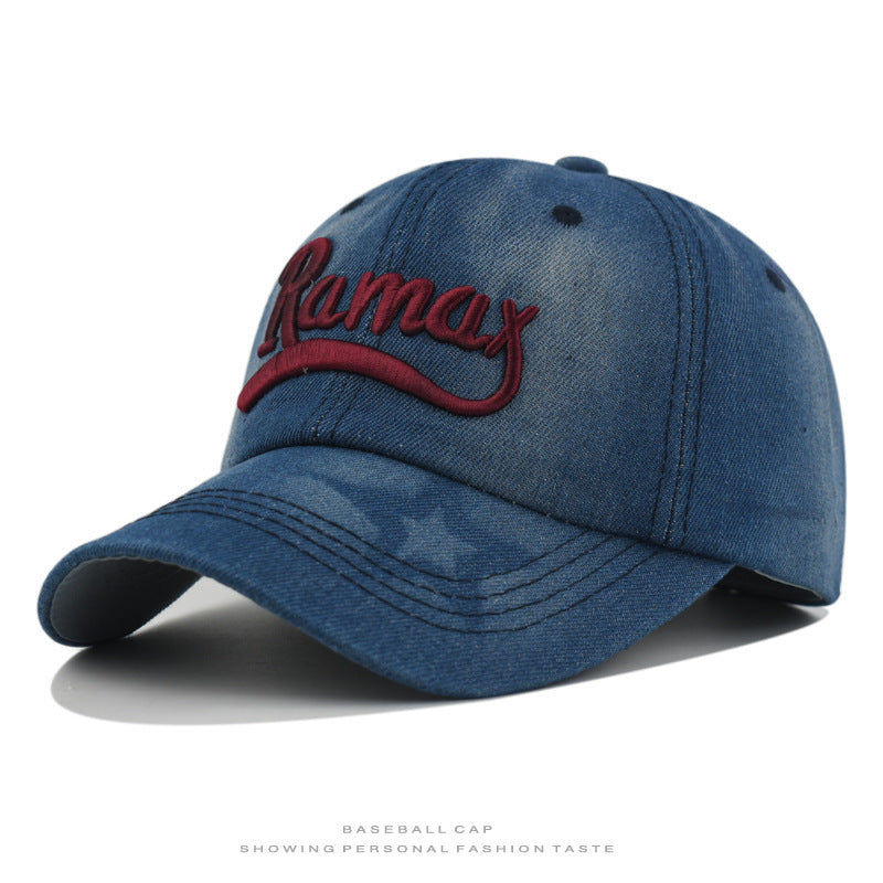 Men's Distressed Denim Embroidered Baseball Cap Bowlift