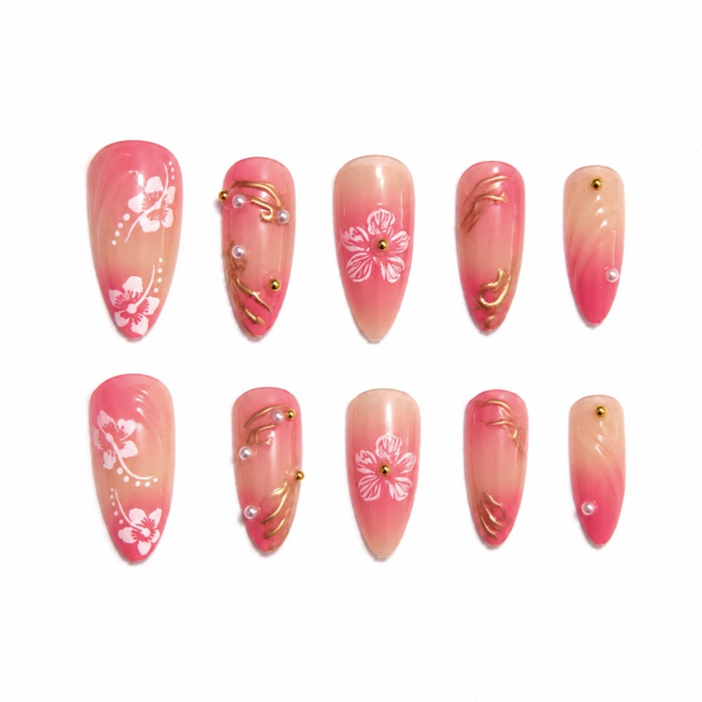 Artistic Nail Art Press-On Nail Set with Floral and Gold Accents Bowlift